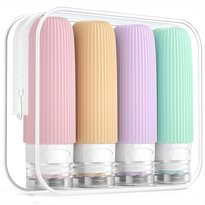 Travel Bottles for Toiletries, Tsa Approved 3oz Portable Travel Bottles, BPA Free Leak Proof Squeezable Silicone Travel Size Containers, Travel Accessories with Clear Toiletry Bag (4 Pack)