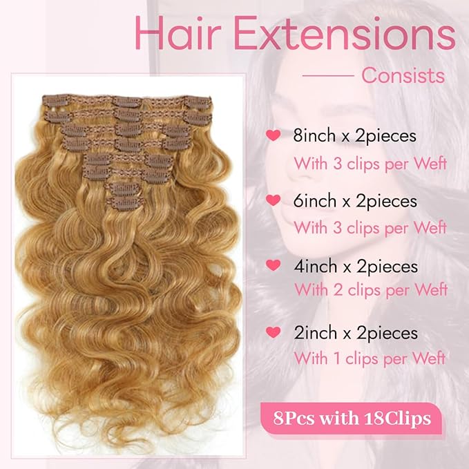 Clip in Hair Extensions Real Human Hair Body Wave 27 Honey Blonde Clip in 100% Brazilian Remy Human Hair Extensions 8pcs Per Set with 18 Clips Double Weft 20 Inch 105g/3.6oz