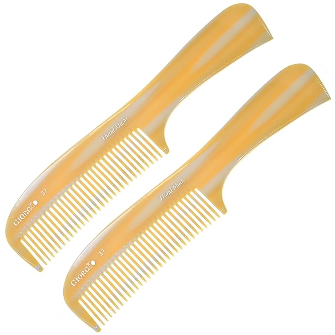 Giorgio G37 Large Coarse Detangler Comb, Wide Teeth for Thick, Curly, or Wavy Hair – For Wet and Dry Use, Handmade Rake Saw-Cut from Polished Cellulose Imitation Horn