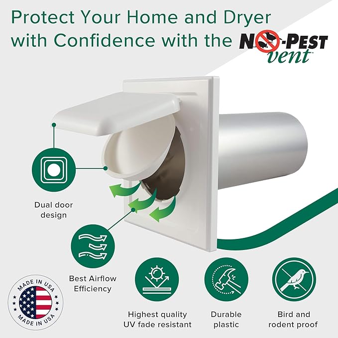 NO-PEST VENT, Exclusive Dual Door Dryer Vent Cover Outdoor 4 inch, Made in USA w Highest UV Resistant Plastic in any Outdoor Vent Cover, No Lint Collecting Screen (White, 4” Metal Vent With Duct Tube)