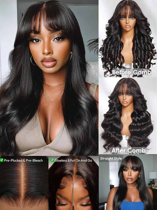 KLAIYI Fluffy Body Wave Curtain Bang Wig Bye Bye Knots Glueless Pre Cut 7x5 Lace Front Wigs Human Hair Loose Wave Pre Bleached Pre Plucked Pre Everything 3S Easy to Wear and Go Wig 180% Density 18Inch