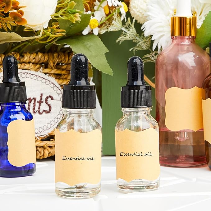 Lallisa 100 Pack Essential Oil Dropper Bottle 15 ml (1/2 Oz) Glass Dropper Bottles DIY for DIY Essential Oil Perfume with 5 Funnels 5 Pipettes 3ml 100 Labels for Bathrooms, Hotels, Labs (Clear)