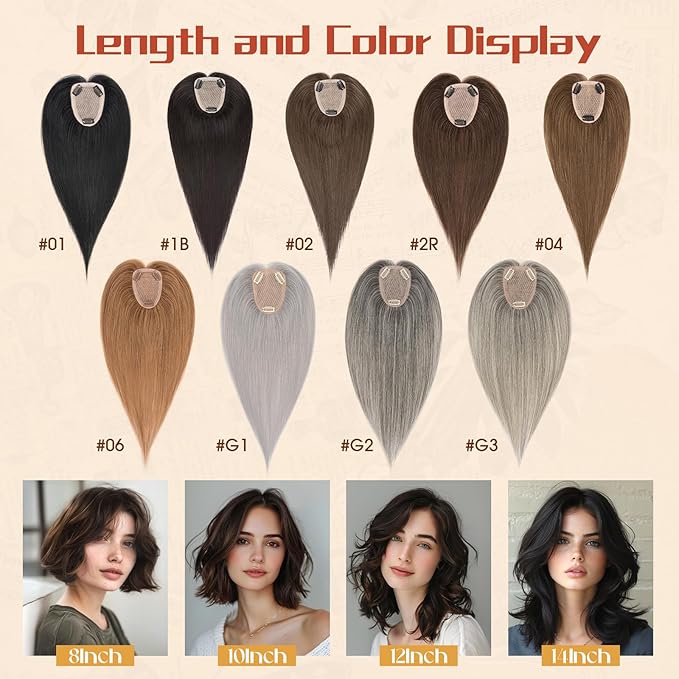 Rich Choices Human Hair Toppers for Women-100% Real Remy Hair Topper No Bang-Upgraded 150% Density 9 * 12CM Lace Base-Clip in Hairs Topper for Thinning Hairs-14Inch #1B Natual Black