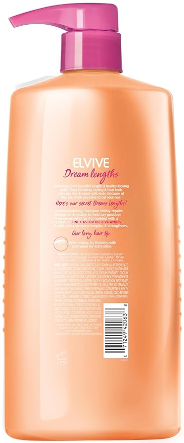 L'Oreal Paris Elvive Dream Lengths Restoring Shampoo With Fine Castor Oil and Vitamins B3 and B5 for Long, Damaged Hair, Visibly Repairs Damage Without Weighdown With System, 28 Fl Ounce (Pack of 2)
