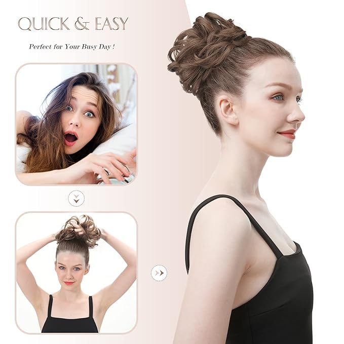 FESHFEN Messy Bun Hair Piece - Large Elastic Wavy Curly Hair Bun Scrunchies Ponytail Extensions Synthetic Chignon Hairpieces for Women, Natural Black 1.94oz