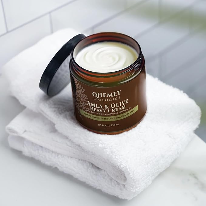 Qhemet Biologics Amla & Olive Heavy Cream - Moisturizing Balm for Extremely Dry & 4C Hair - Adds Soft, Supple Moisture & Hydration to Afros, Coils, Curls, Puffs, Twists, Braids, Locs & More (8.9 oz)