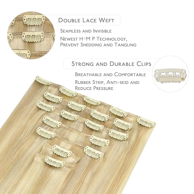 WENNALIFE Clip in Human Hair Extensions, 24 Inch 120g 7pcs Light Blonde Highlighted Golden Blonde Hair Extensions Clip In Human Hair Remy Real Human Hair Double Weft