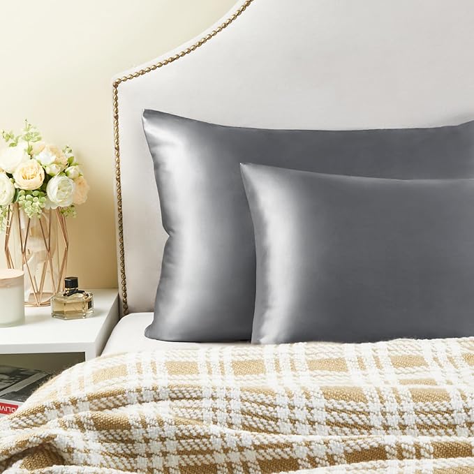 BEDELITE Satin Pillowcase for Hair and Skin, Super Soft and Cooling Similar to Silk Pillow Cases 2 Pack with Envelope Closure, Gift for Women Men(20"x30" Queen Size, Dark Grey)