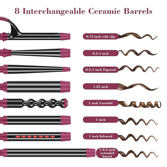 IG INGLAM Curling Iron Wand Set, 8 in-1 Interchangeable Ceramic Barrels with Infrared, Cucurbit, Tapered, Extended, 1in, 1 1/4 in, 3/4in Barrels and Clips