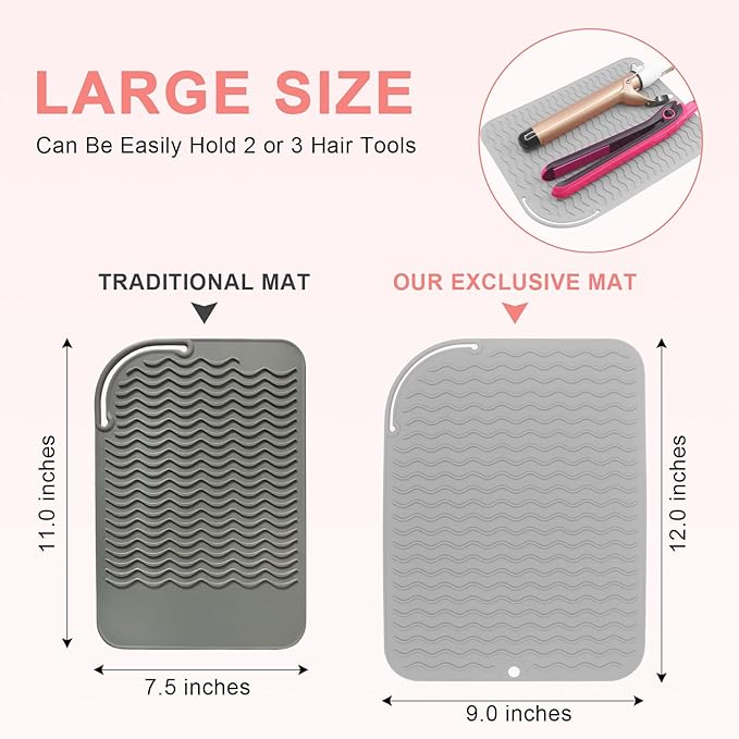 Plus Size Silicone Heat Resistant Mat, Portable Travel Hot Tools Pad Cover for Curling Iron, Flat Iron, Hair Straightener and Other Hair Styling Tools(12.0" x 9.0")