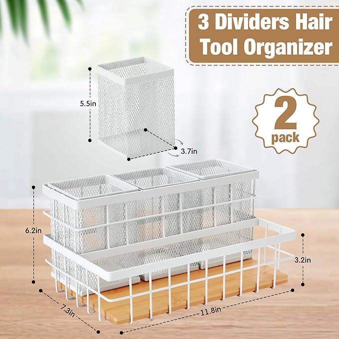 2 Pcs Hair Tool Organizer Countertop Breathable Metal & Bamboo Hot Tools Organizer Under Sink Bathroom Hair Dryer Holder Countertop Brush Comb Holder,Makeup Tray (Natural Bamboo,White)