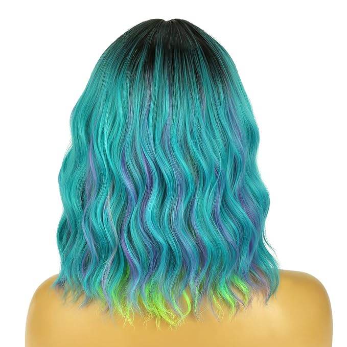 BERON 14 Inches Turquoise Wig Short Curly Wig Ombre Green Curly Wigs Short Teal Green Wigs with Bangs for Women Daily Party Cosplay Hairnet Include