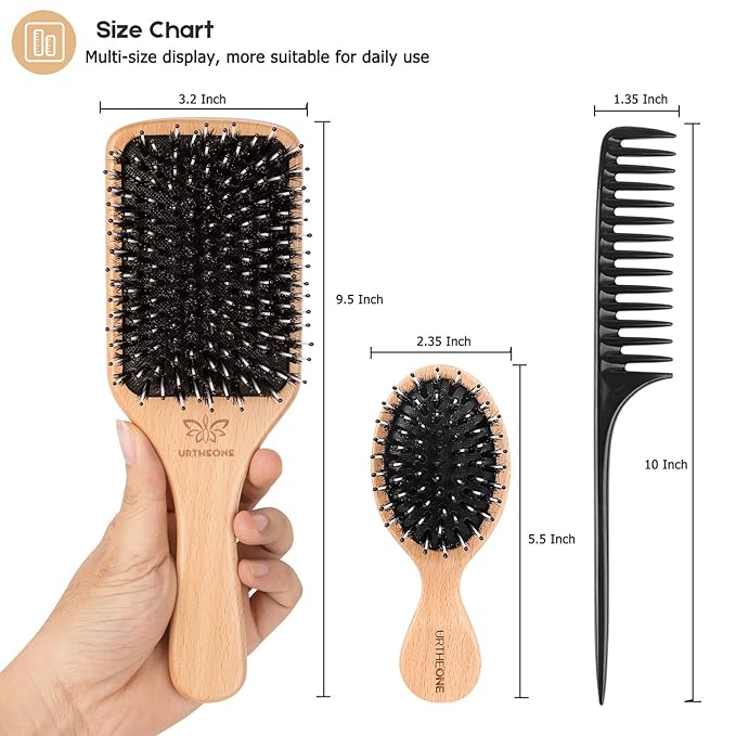 Boar Bristle Hair Brush and Comb Set for Women Men Kids, Best Natural Wooden Paddle Hairbrush and Small Travel Styling Brush for Wet or Dry Hair Detangling Smoothing Massaging