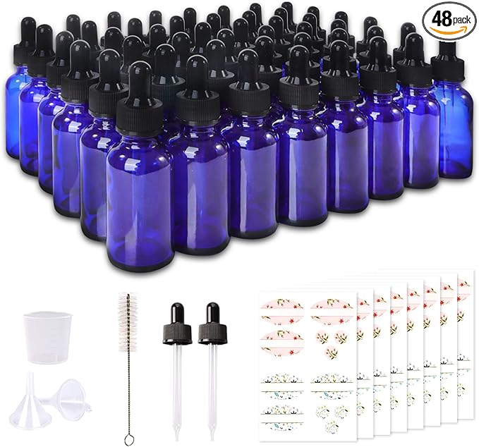 48 Pack 1oz Cobalt Blue Glass Bottles with Glass Eye Droppers for Essential Oils, Perfumes & Lab Chemicals (Brush, Funnels, 2 Extra Droppers, 54 Pieces Labels & 30ml Measuring Cup Included)