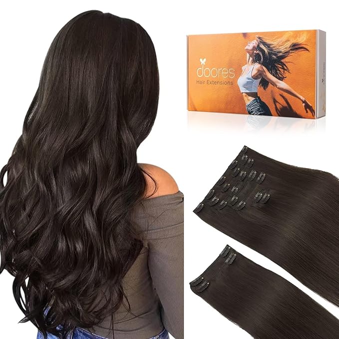 DOORES Human Hair Extensions Clip in, Dark Brown 9pcs 150g 18 Inch, Remy Straight Natural Thick Real Hair