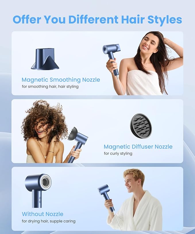 Hair Dryer, 150000 RPM Lightweight High Speed Ionic Blow Dryer for Fast Drying, 500 Million Negative Ions Care & Heat-Control Hairdryer with Magnetic Diffuser & Nozzle, 5 Temps & 3 Speeds