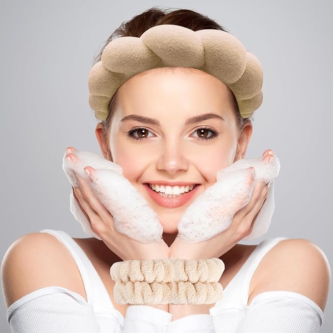 Zkptops Spa Headband for Washing Face Wristband Set Sponge Makeup Skincare Terry Cloth Bubble Soft Get Ready Hairband for Women Girl Puffy Padded Headwear Non Slip Thick Hair Accessory(Brown)