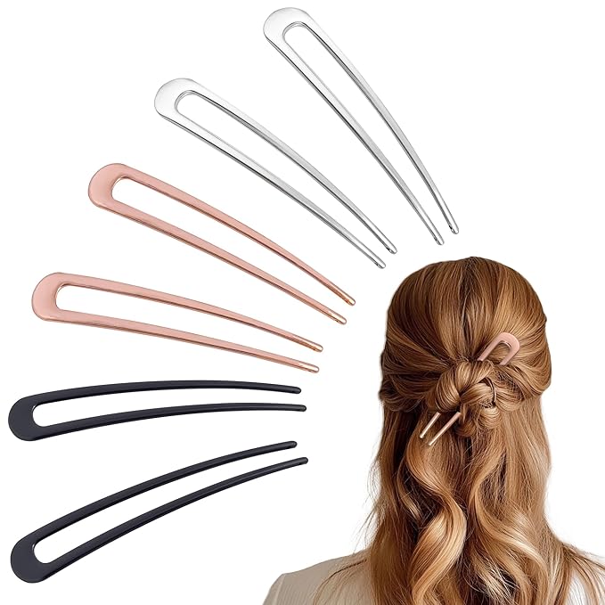 6Pcs Metal French Hair Pins for Women U Shape Sticks 3.9 Inch Vintage Fork for Hairstyle Accessories(Black/Rosegold/Silver）