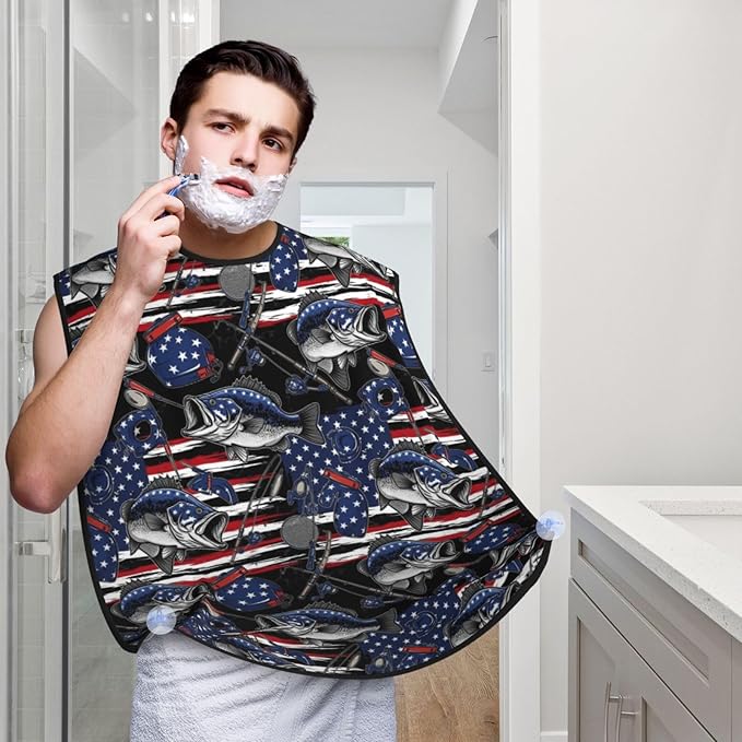 Beard Bib Apron for Men Shaving, Waterproof Non-Stick Hair Catcher with Suction Cups, Grooming Essential for Dad Husband, Vintage Bass Fishing Lure American Flag Shave Bib
