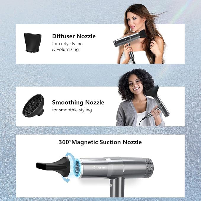 Hair Dryer with Diffuser, IG INGLAM 1875W Professional Ionic Blow Dryer, 110, 000 RPM High-Speed Brushless Motor, Auto-Clean, 3 Heat Settings & 3 Speed & Cool Shot Button Settings for Easy Home/Travel