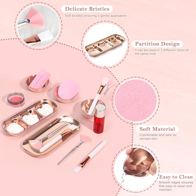 23 Pcs Rose Gold Esthetician Supplies 3 Stainless Steel Facial Mask Mixing Bowls 3 Facial Fan Brushes 3 Flat Brushs Skincare Tray 3-Compartment Serving Tray 12 Compressed Facial Sponges for Skin Care