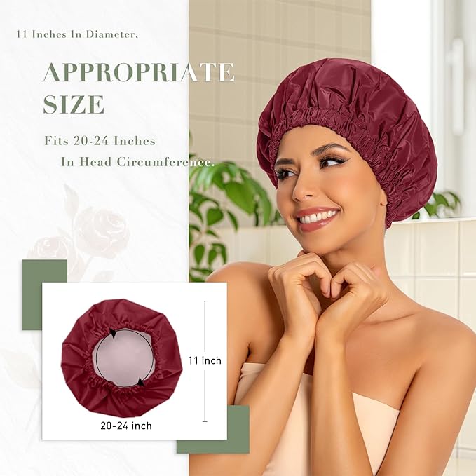 Reusable Shower Cap for Women, Large Waterproof Shower Essentials Bonnet Washable Elastic Band Bath Hair Wrap Hat for Long Hair, Braids(Burgundy)