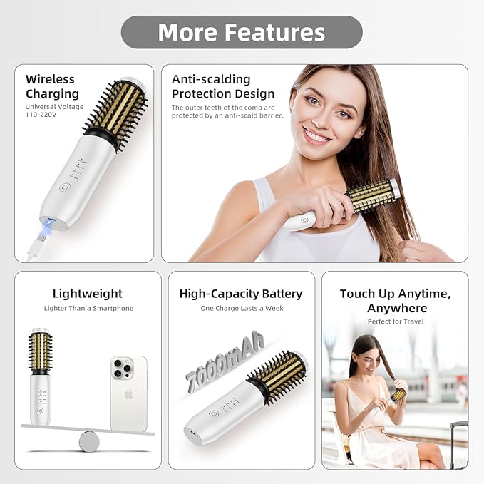 CARESKY® Cordless Curling Iron Brush, 1.5 Inch Mini Travel Hair Curler with 200 Million Negative Ions, Portable Heated Round Straightener Brush Rechargeable for Curl, Touch-Up, De-Frizz, Styling