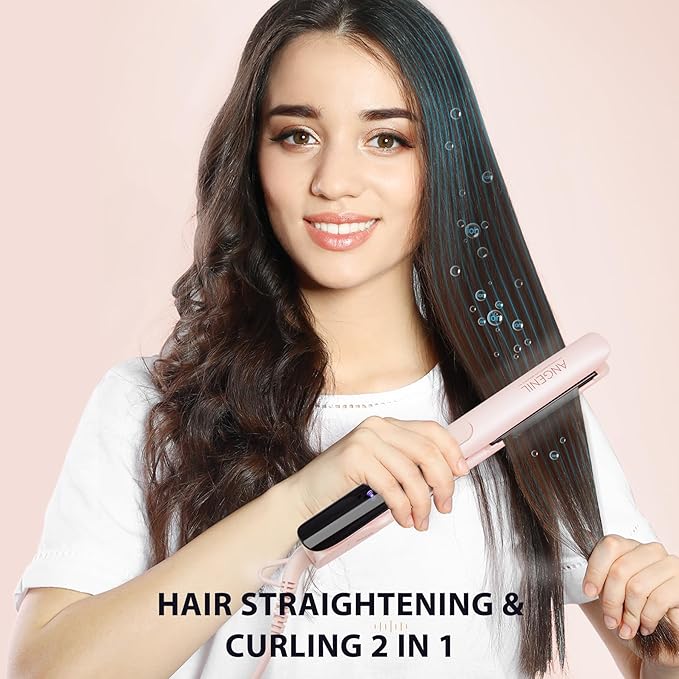 ANGENIL Pro Round Pink Dual Voltage Hair Straightener Irons, Titanium Flat Iron Hair Straightener and Curler 2 in 1 with Heat Resistant Silicone Mat, Smoothness, Large LCD Display, 20S Fast Heat Up