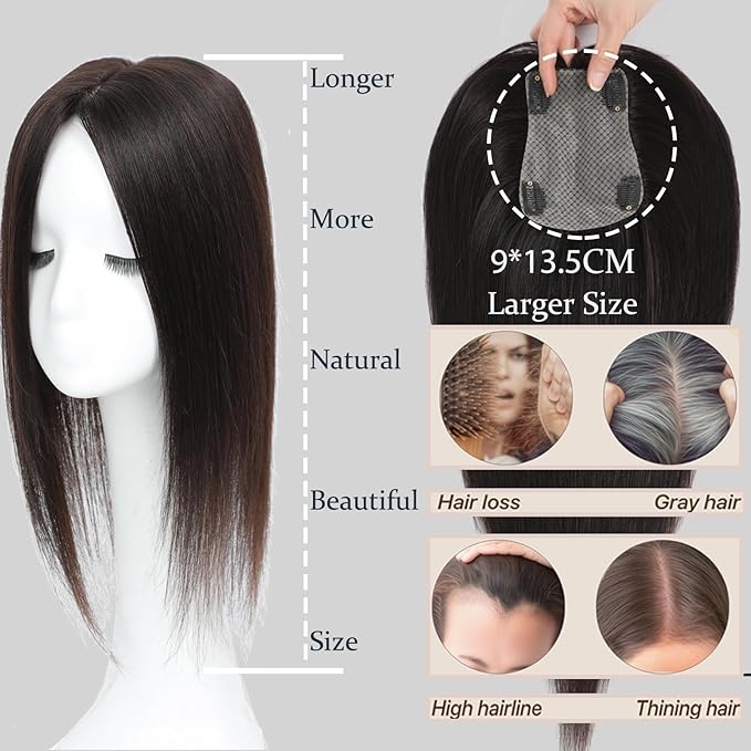 Hair Toppers for Women Real Human Hair, 360° 3D Human Hair Toppers for Women with Thinning Hair Upgrade Middle Part Clip in Bangs (Light Brown NEW, 14 Inch-3D-Side)
