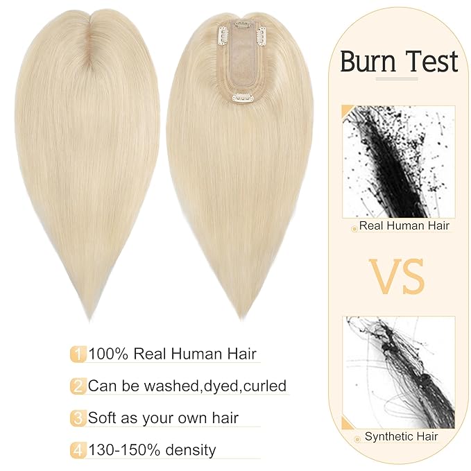 SEGO Human Hair Toppers for Women With Thinning Hair, 7 * 13CM Silk Base 100% Real Human Hair Clip in Top Wiglet Hairpieces /12 Inch No Bangs Platinum Blonde