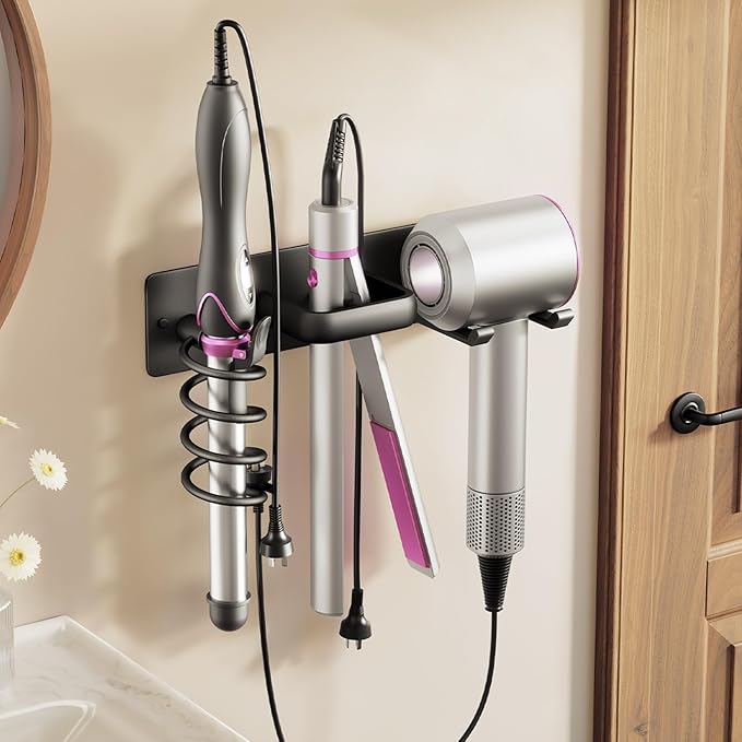 BSICPRO Hair Dryer Holder-3 in 1 Blow Dryer Holder-Metal Bathroom Hair Tool Organizer Wall Mounted-Bathroom Organizer for Hairdryer Curling Iron Flat Iron (Black)