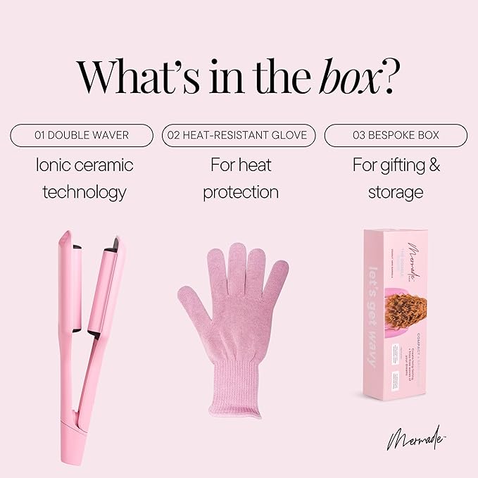 Mermade Hair Deep Hair Waver Tool - Double 1" Barrel Iron for Crimp-Free Beach Waves, Hair Curler for Women, Ionic Ceramic Plates, Reduces Frizz, Suitable for Short, Medium, & Long Hair - Pink