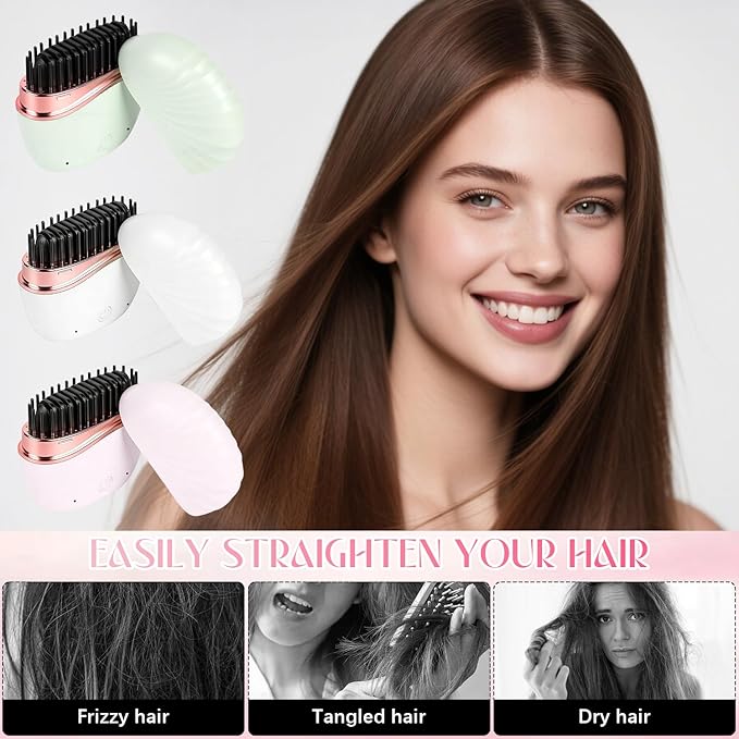 Mini Straightener,Mini Hair Straightener for Women,New Rechargeable Wireless Portable Hair Straightener Brush,Rapid-Heat with Three Temperature Controls,Heat-Resistant Shell Travel Comb (Pink)