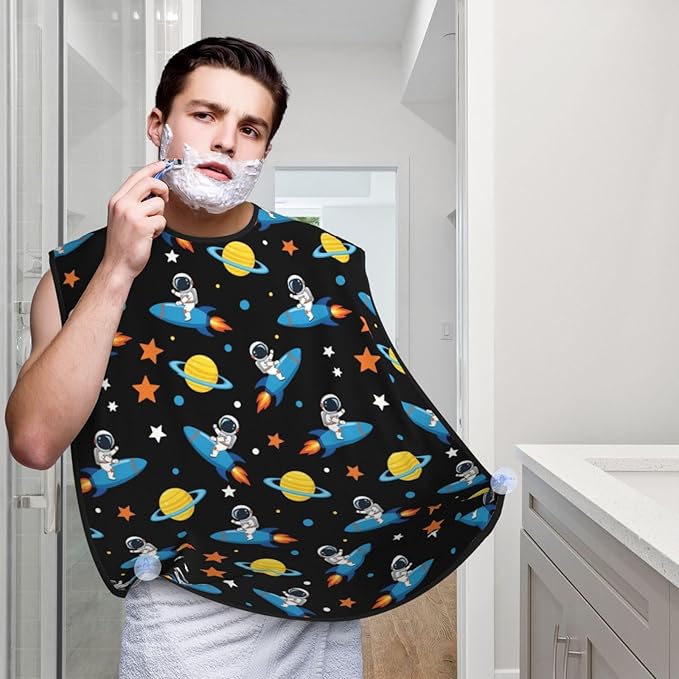 Adjustable Beard Catcher Apron, Space Astronaut Rocket Cartoon Shave Bib, Non-Stick Waterproof Grooming Bib, Shaving Essential for Men Dad Christmas