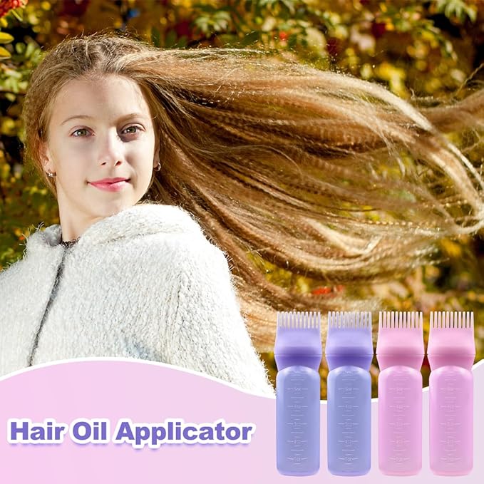 ELANE 4PCS Hair Oil Applicator Bottles - Root Comb Bottles for Scalp Oil and Hair Oiling, 6oz (2 Pink + 2 Purple)