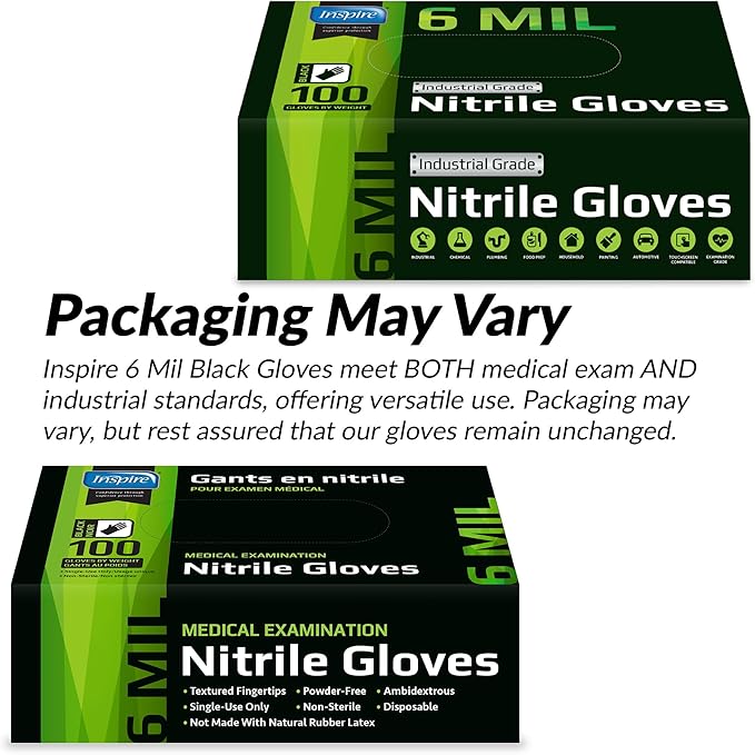 Inspire HEAVY DUTY ORIGINAL Stretch Nitrile Black Gloves Disposable Latex Free | Food, Mechanic, 6mil Black or 8 Mil Orange