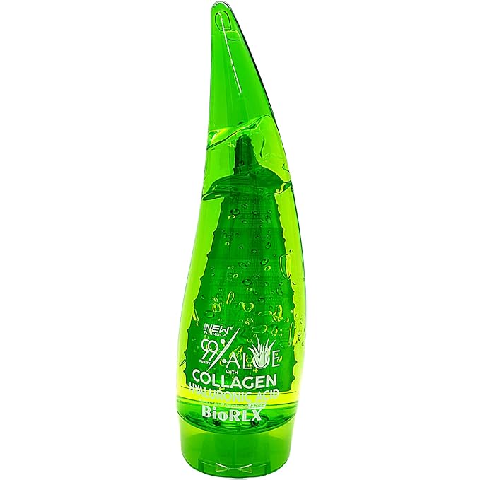 BioRLX 99% Aloe Vera Gel with Collagen and Hyaluronic Acid 250 Ml 8.5 Fl Oz - For Face Body, Hair & Scalp, After Sun Relief, Natural, Soothing, Hydrating