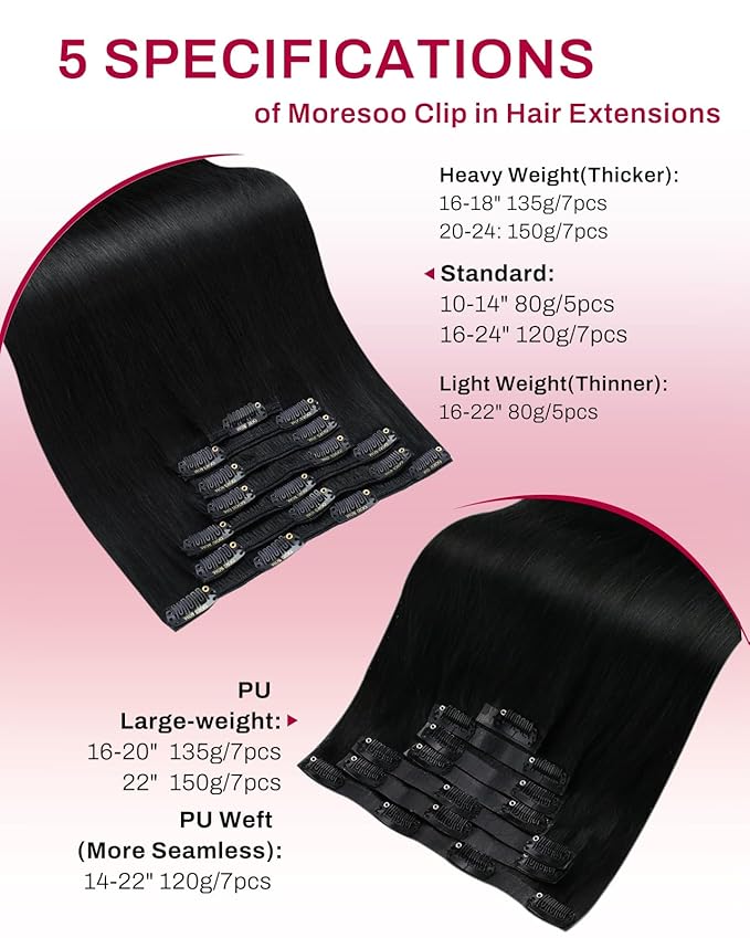 Moresoo Jet Black Seamless Clip in Hair Extensions Human Hair Jet Black Hair Extensions Clip ins Long Pu Weft Invisible for Women Straight And Thick 135g/7pcs 20 inch