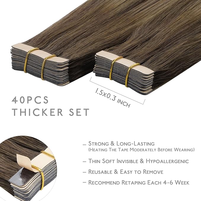 WENNALIFE Tape in Hair Extensions Human Hair, 40pcs 100g 16 inch Balayage Chocolate Brown to Caramel Blonde Hair Extensions Real Human Hair Straight Tape in Extensions Reusable Real Hair Extensions