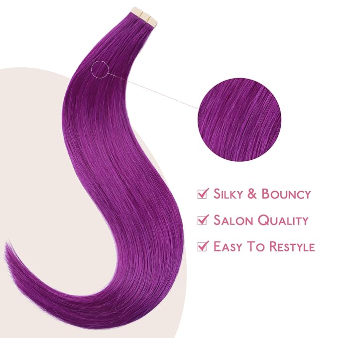 Wennalife Purple Tape in Hair Extensions, 10pcs 30g 26 inch Remy Invisible Tape Ins Straight Colored Soft Real Human Hair Tape in Extensions Refill Set Extensions