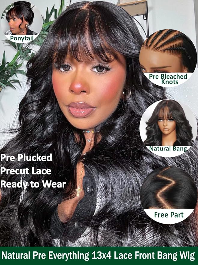 KLAIYI Pre Everything Glueless 13x4 Lace Front Wigs Human Hair Loose Body Wave Bye Bye Knots Pre Cut Lace Pre Bleached Pre Plucked 30S Ready to Wear And Go Frontal Wig with Natural Curtain Bang 18Inch