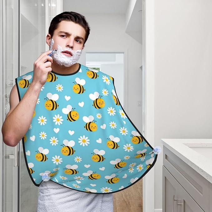 No-Slip Shaving Bib, Beard Grooming Apron with Strong Suction Cups, Yellow Bee Cute Flower Daisy Sky Blue