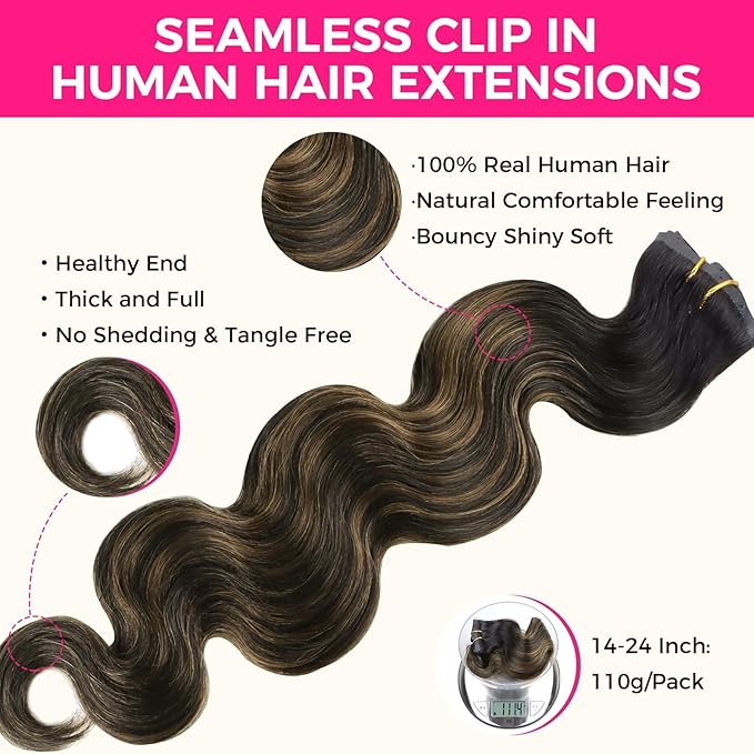 Lashey Seamless Clip in Hair Extensions Human Hair Natural Black Mixed Chestnut Brown Body Wave Clip in Hair Extensions with Invisi Edge 7pcs 110g 14 Inch