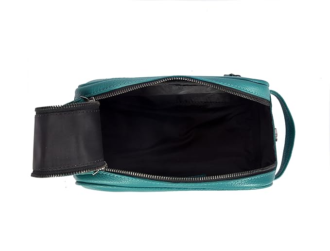 10" Premium Leather Toiletry Travel Pouch With Waterproof Lining | King-Size Handcrafted Vintage Dopp kit By Aaron Leather Goods (Steel Blue)