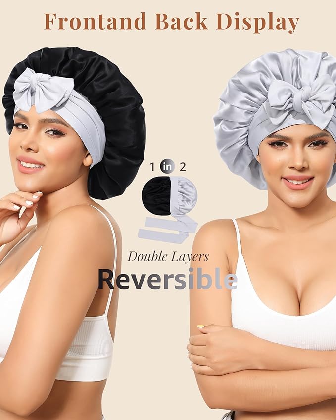 AWAYTR Silk Bonnet for Sleeping Women 100% Mulberry Silk Bonnet with Band 2 Layer Reversible Hair Bonnet Sleeping Hair Wrap (Black/Silver Grey)