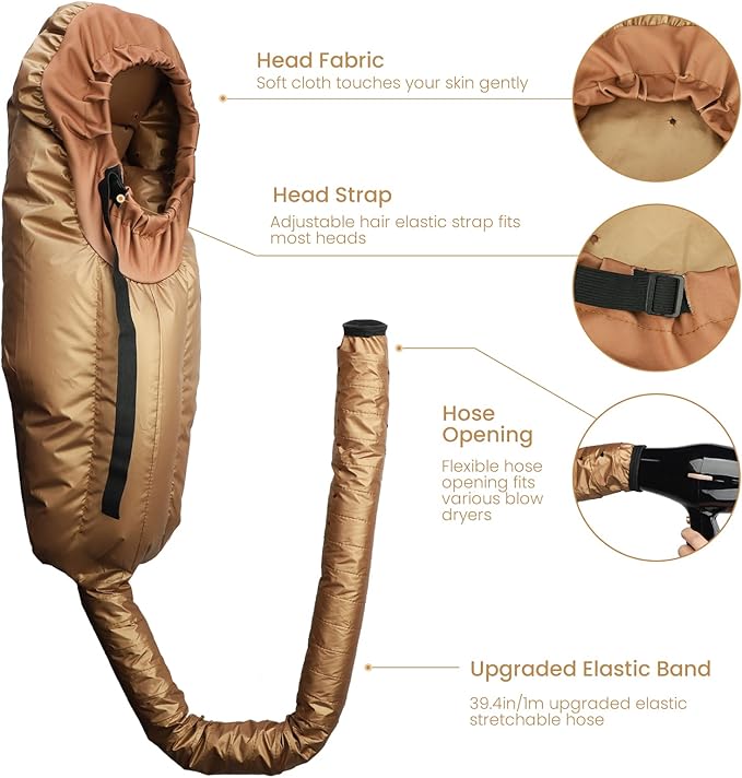 Segbeauty Hair Dryer Bonnet, Extra Large Deep Conditioning Cap Attachment, Upgraded Adjustable Drying Heat Cap Hooded with Elastic Strap for Fast Drying Curly Hair Styling Nursing Oil Treat-Ment Gold