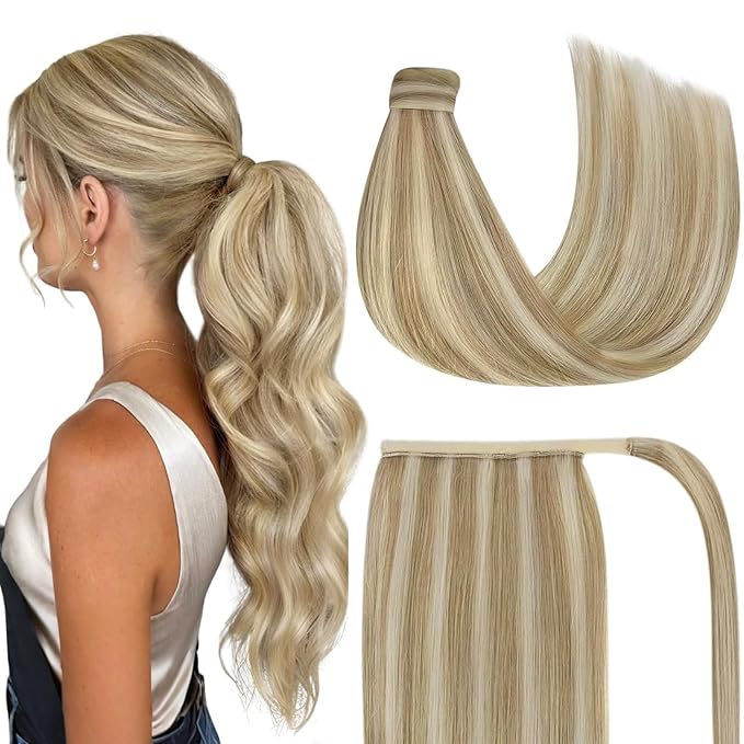 Ve Sunny Hair Extensions Ponytail Real Human Hair Wrap Around Clip in Ponytail Hair Extensions Straight Extensions Human Hair for Women Dark Golden Blonde Highlights 18inch 80G