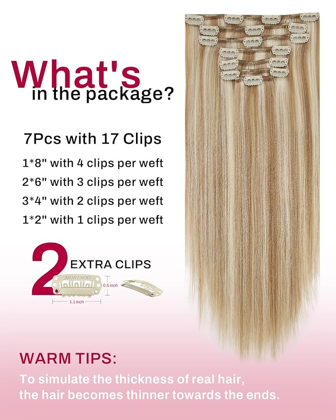 Moresoo Clip in Hair Extensions Remy Double Weft Human Hair Clip in Extensions Straight Hair Extensions for Women Dark Ash Blonde Highlight with Golden Blonde 7pcs 120g 18inch
