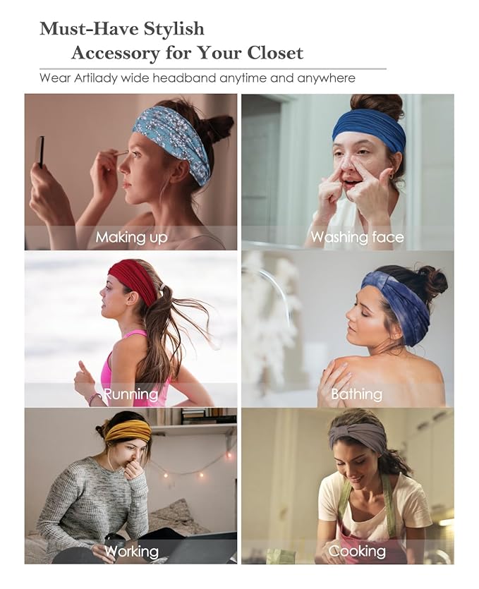 Artilady Wide Bandana Headbands for Women-Boho Bandeau Head Band Bohemian Paisley Red Headwrap Soft Athletic Elastic Sweat Non Slip Hair Bands for Curly Hair Accessories 6 PCS