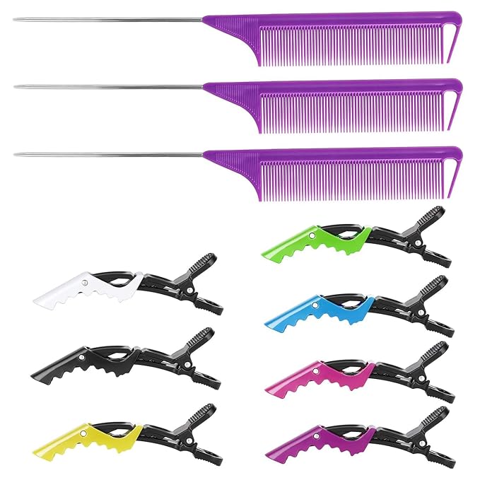 Rat Tail Comb Hair Clips Set: 3Pcs Rat Tail Combs, Hair Styling Combs for Women and 7 Professional Sectioning Hair Clips (Purple)